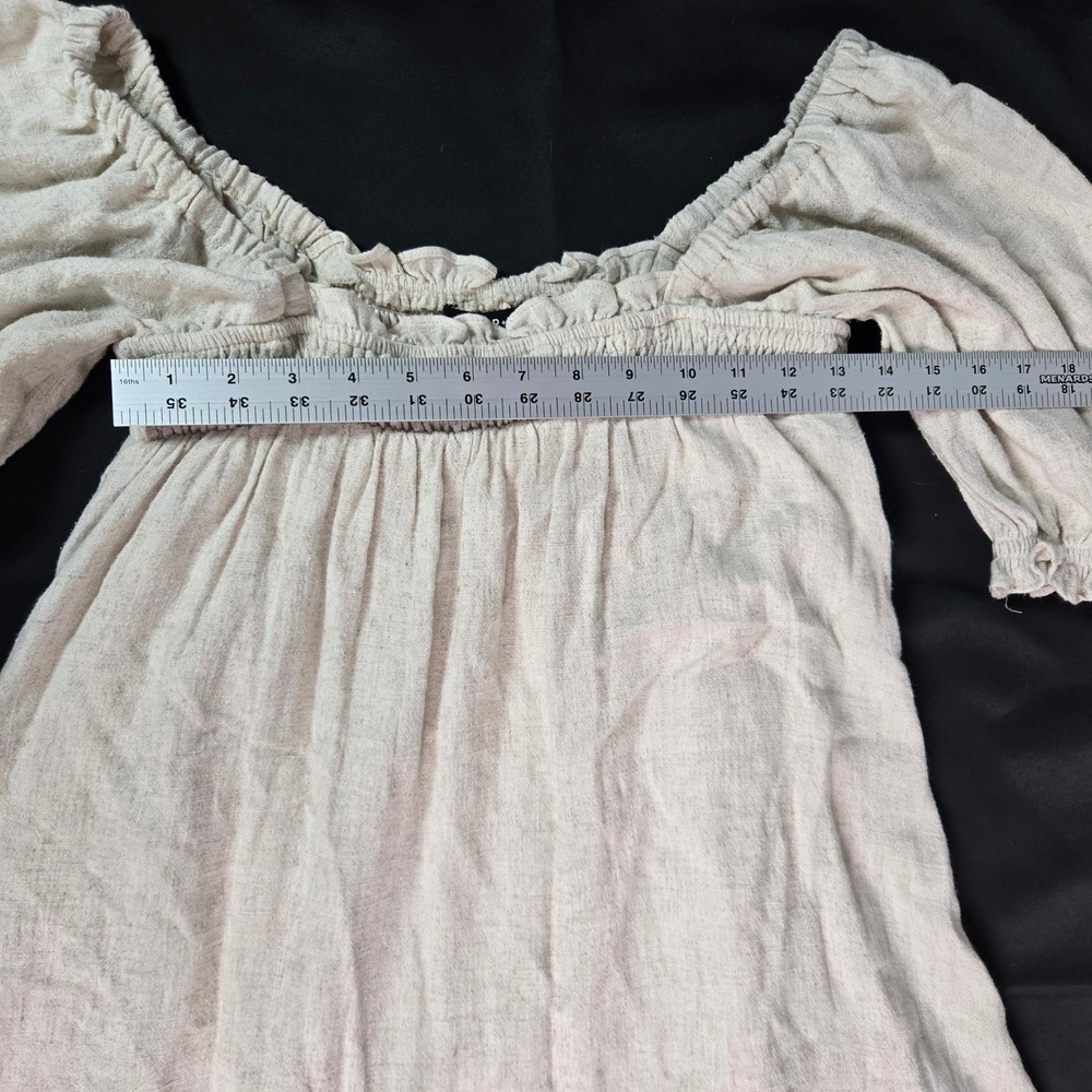 SUGAR+LIPS Off Shoulder Smocked Puff Sleeve Linen Blend Lined Dress Beige Size S - Picture 3 of 8